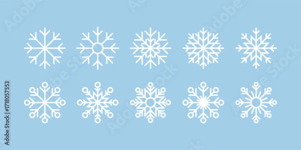 Fototapeta Snowflakes, set of icons, winter symbol, snow sign, Christmas, isolated on a blue background, vector illustration. Decorative Different Frozen Holiday Element for Decoration, Design, Postcard, Banner