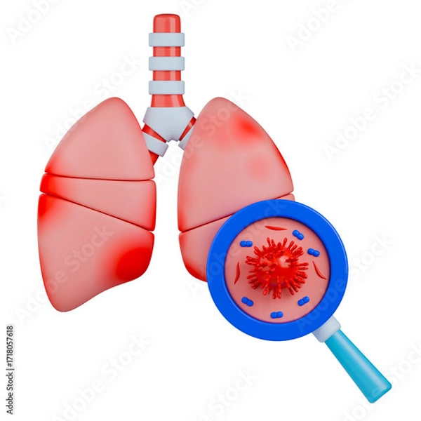 Fototapeta Pneumonia 3d illustration. Infection and inflammation in human lung shown with magnifying glass highlighting bacteria and virus.
