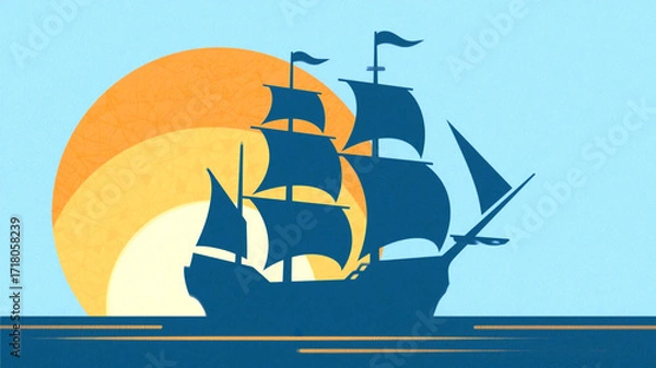 Fototapeta Columbus Day Majestic tall ship sailing on calm ocean waves towards a vibrant, textured sun creating an atmosphere of adventure and exploration.