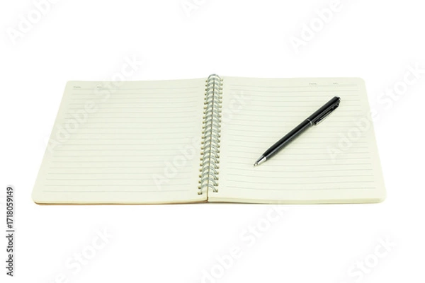 Fototapeta Open spiral notebook with blank lined pages and black pen isolated on white background with clipping path.