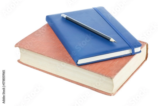 Fototapeta Red hardcover book and blue notebook with black pencil isolated on white background with clipping path.