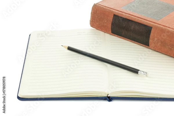 Fototapeta Open spiral notebook with blank pages and pencil, with orange hardcover book, isolated on white background with clipping path.