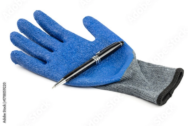 Fototapeta Blue protective glove with black pen isolated on white background with clipping path.