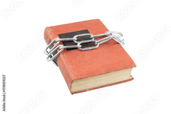 Fototapeta Orange hardcover book bound with metal chain isolated on white background with clipping path.
