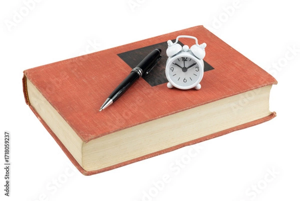 Fototapeta Red hardcover book with black pen and white alarm clock isolated on white background with clipping path.