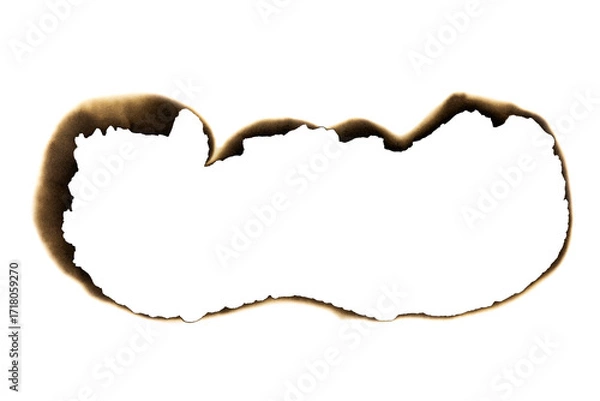 Fototapeta Burnt torn strip across paper with scorched edges isolated on white background with clipping path.