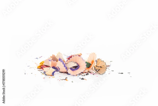 Fototapeta Colorful pencil shavings scattered isolated on white background with clipping path.