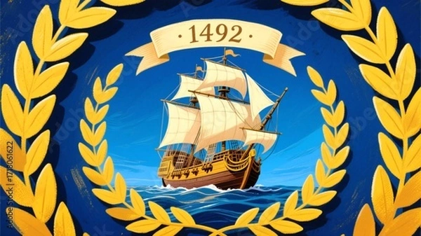 Fototapeta Columbus Day Majestic 1492 galleon sailing across vibrant blue ocean waves, framed by golden laurel leaves, evoking discovery and historical exploration