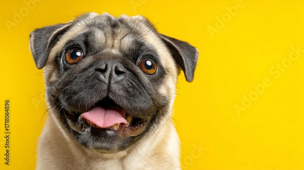 Fototapeta Close up of a fawn pug with its tongue out on a bright yellow background looking at the camera