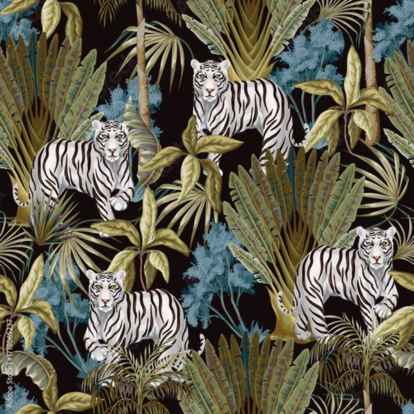 Obraz Seamless Tropical Jungle Tiger Pattern with White Striped Wildlife Foliage Repeat Artwork