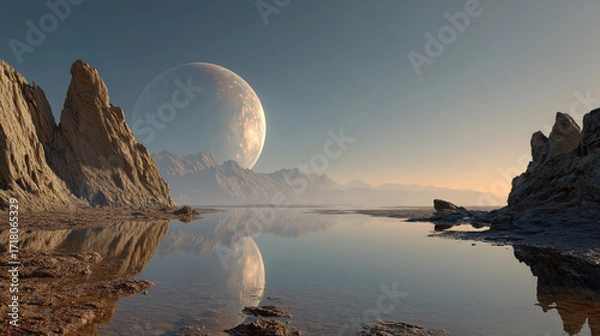 Fototapeta A serene landscape with rock formations water reflection and a large planet in the background sky
