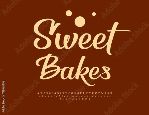 Fototapeta Vector Promo flyer Sweet Bakes for Cafe and Market. Beautiful Cursive Font. Stylish Digital Alphabet Letters and Numbers set