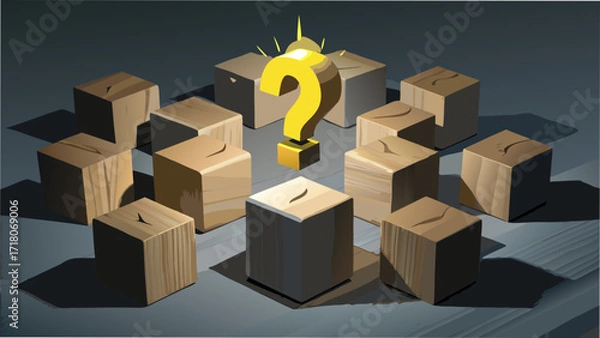 Obraz Yellow question mark surrounded by wooden cubes in a circle