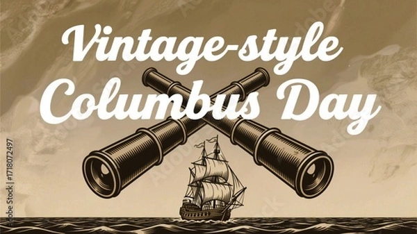 Fototapeta Columbus Day Discovering new worlds with vintage style Columbus Day imagery featuring a sailing ship and antique spyglasses on a sepia-toned ocean background