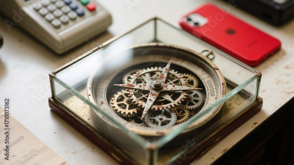 Fototapeta Columbus Day Intricate antique compass with visible gears encased in glass, suggesting history, navigation, and precision alongside modern technology like a smartphone.