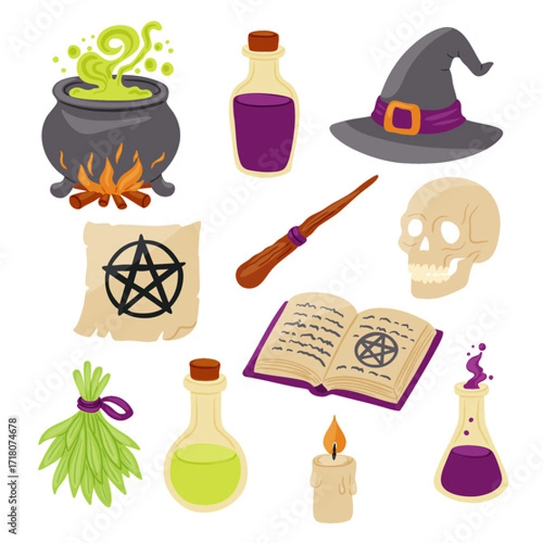 Fototapeta Flat style Halloween illustration set with witch cauldron, potions, spell book, broom, witch hat, skull, candle, herbs, and pentagram scroll. Magical collection perfect for Halloween design