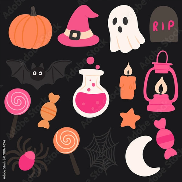 Fototapeta Cute flat style Halloween illustration set with pumpkin, witch hat, ghost, bat, spider, cobweb, candies, lollipops, lantern, candle, potion bottle. Fun and colorful collection