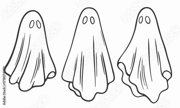 Fototapeta Set of three black and white ghost outlines, simple Halloween illustration in line art style, spooky cartoon characters with sheet costumes, isolated on white background, perfect for coloring pages