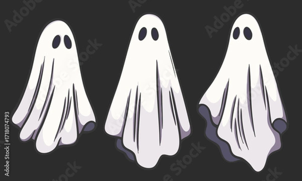 Fototapeta Set of three cartoon ghosts in white sheets with black eyes, spooky Halloween illustration in flat vector style on dark background, perfect for holiday decorations, party design, and seasonal artwork.