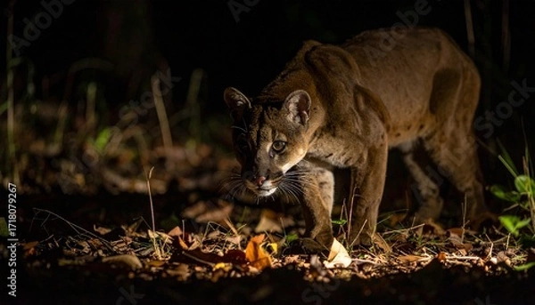 Fototapeta Fossa Prowling Across Forest Floor in Night Spotlight
