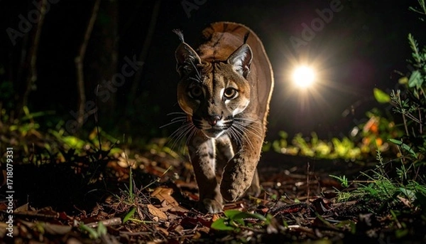 Fototapeta Fossa Prowling Across Forest Floor in Night Spotlight