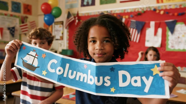 Fototapeta Columbus Day Joyful diverse children celebrating Columbus Day with handmade banner and festive classroom decorations creating educational and engaging learning moments