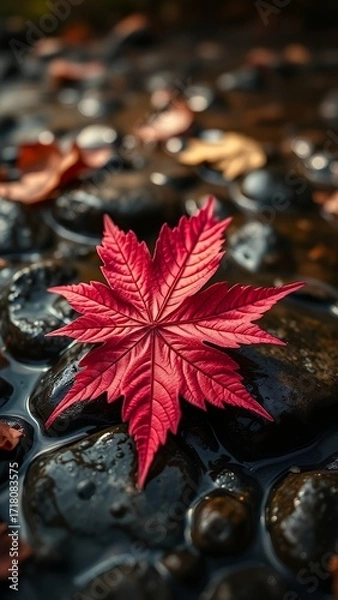 Fototapeta Autumn Red Maple Leaf on Rock