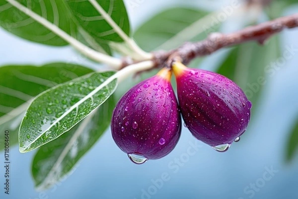 Fototapeta Purple Figs on Branch with Green Leaves and Water Droplets in Natural Setting