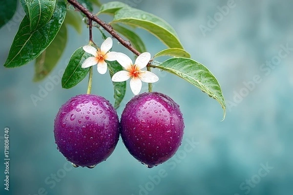 Fototapeta Purple Plums with Water Droplets on Green Leaf Branch in Fresh Natural Setting