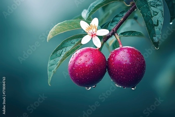 Fototapeta Red Fruits on Branch with Green Leaves and White Flower in Fresh Nature Scene