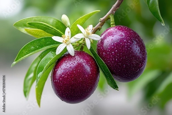 Fototapeta Fresh Purple Fruit on Branch with Green Leaves and White Blossoms in Natural Setting