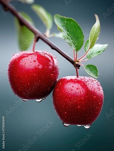 Fototapeta Red Cherries on Branch with Green Leaves Fresh Water Droplets Close-up