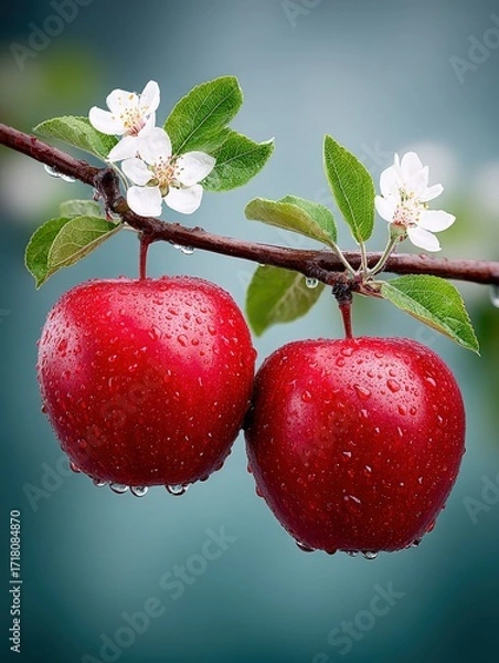 Fototapeta Fresh Red Apples Hanging on Branch with Blossoms in Dewy Morning Light