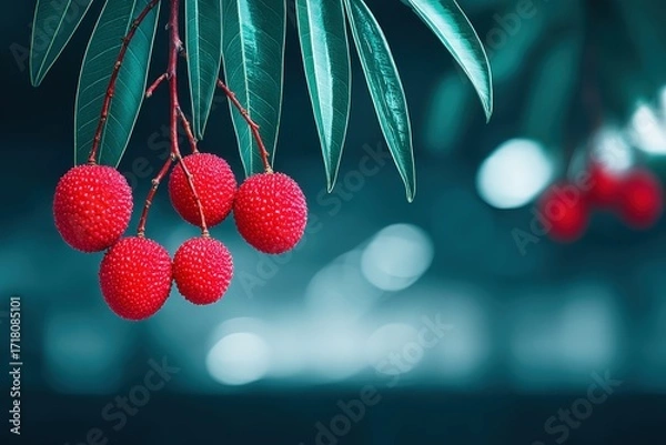 Fototapeta Red Lychee Fruits Hanging From Green Leafed Tree Branch in Natural Setting