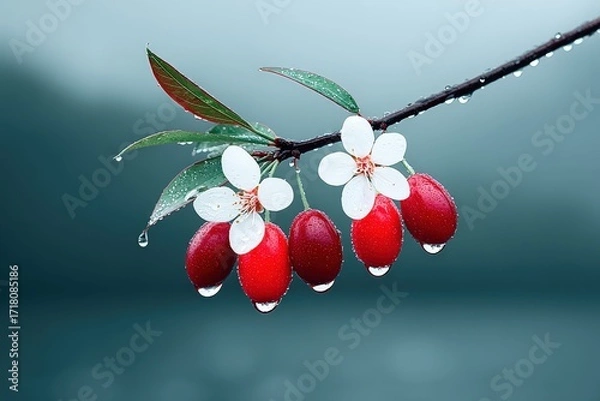 Fototapeta Red Cherry Fruits with White Blossoms and Dew Drops on Branch in Soft Focus