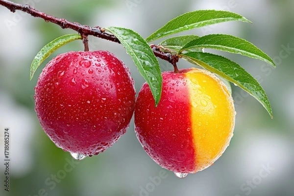 Fototapeta Red and Yellow Apples Hanging on Tree Branch with Water Droplets in Fresh Natural Setting