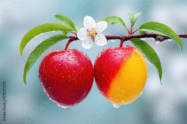 Fototapeta Fresh Red and Yellow Apples with Green Leaves and White Blossom Hanging on Branch