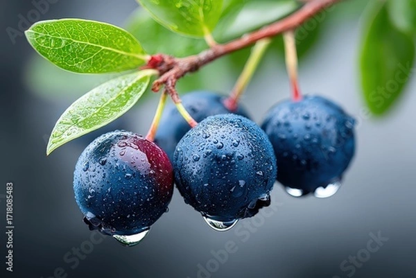 Fototapeta Fresh Blueberry Cluster with Dew Drops and Green Leaves on Branch in Close Up