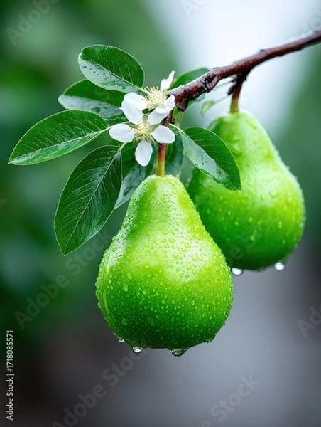 Fototapeta Fresh Green Pears on Branch with Water Droplets and Blossom in Natural Setting
