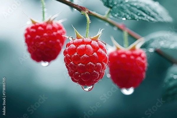 Fototapeta Red Raspberries on Branch with Dew Drops in Cool Natural Light