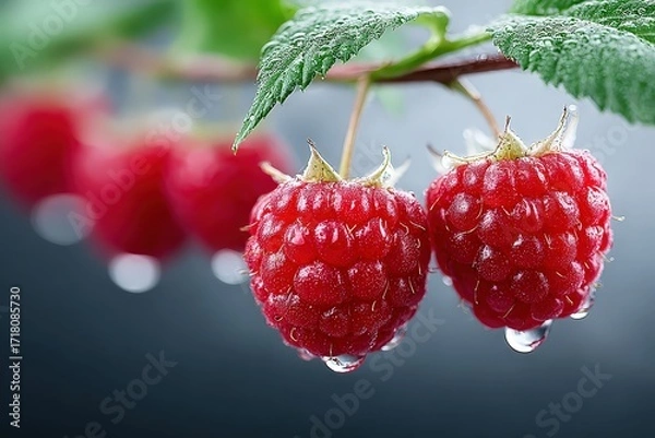 Fototapeta Fresh Red Raspberries with Dew Drops on Green Leaf in Closeup