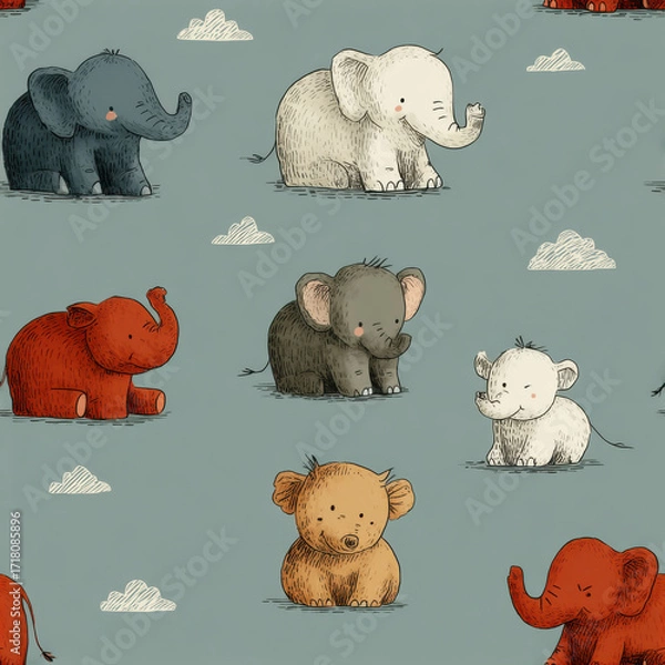 Fototapeta Colorful Cartoon Elephant Seamless Pattern