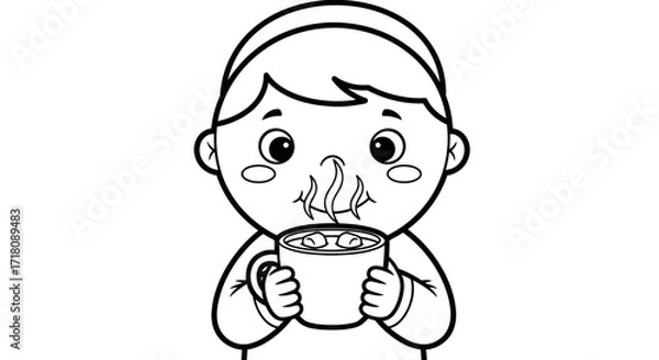 Obraz Happy Boy Holding Steaming Mug and Drinking Hot Beverage on Isolated White Background