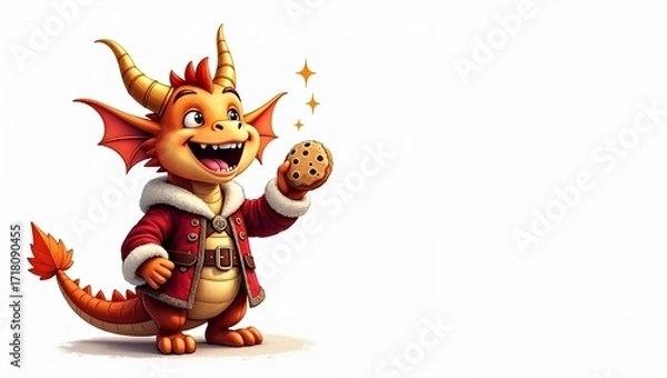 Fototapeta Happy little dragon in a Santa outfit, holding a cookie, isolated on white, space for text