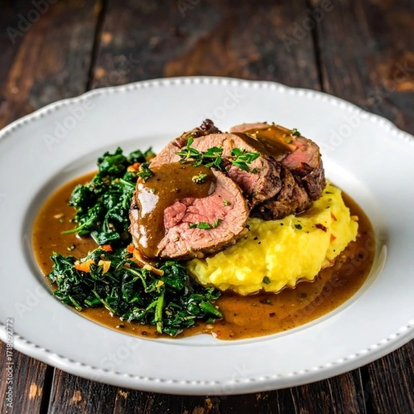 Obraz Roasted meat with mashed potatoes and greens