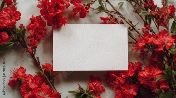 Fototapeta Blank card surrounded by red flowers