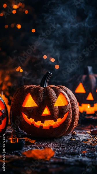 Fototapeta Glowing jack-o"-lanterns grin through swirling smoke on an autumn night, with warm candlelight and fallen leaves creating a spooky Halloween atmosphere.