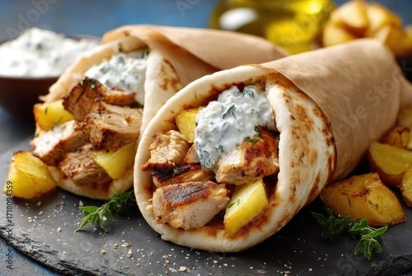 Fototapeta Gyro Top View. Delicious Chicken Gyros Souvlaki Wraps with Tzatziki Sauce, Potatoes, and Pita Bread on Blue Background