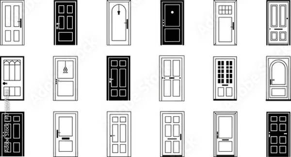 Fototapeta Array of Doors: An organized array of various door styles showcases a diverse selection of entryways, highlighting design elements and architectural features for interior and exterior applications.
