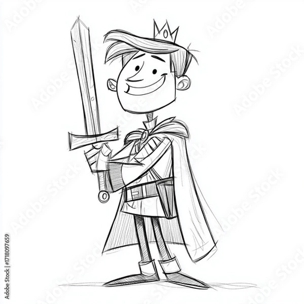 Fototapeta Cheerful young prince holding a sword in a playful kingdom setting during daytime